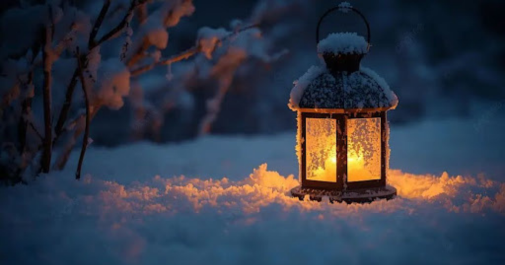 lit lantern sitting in snow